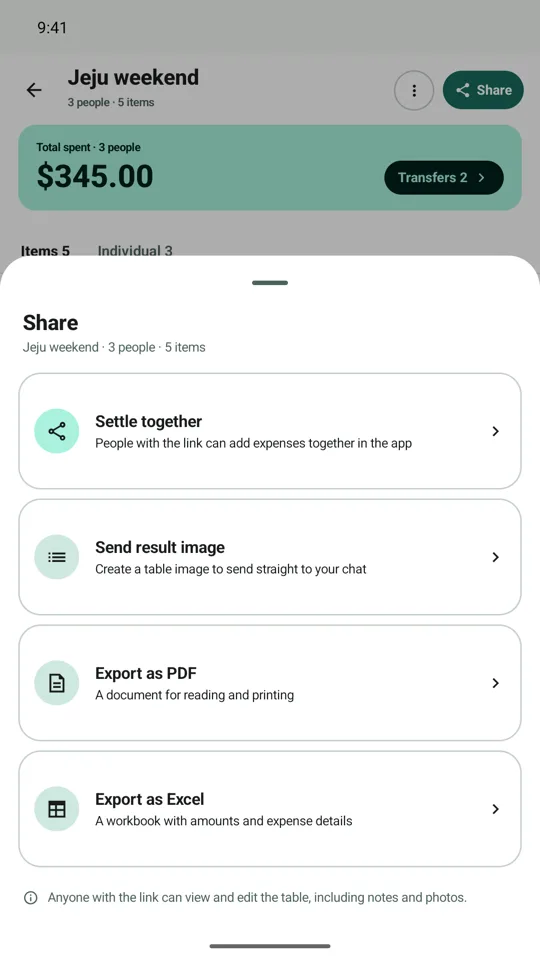 The sharing menu with options to settle together by link, send a result image, and export to PDF or Excel.